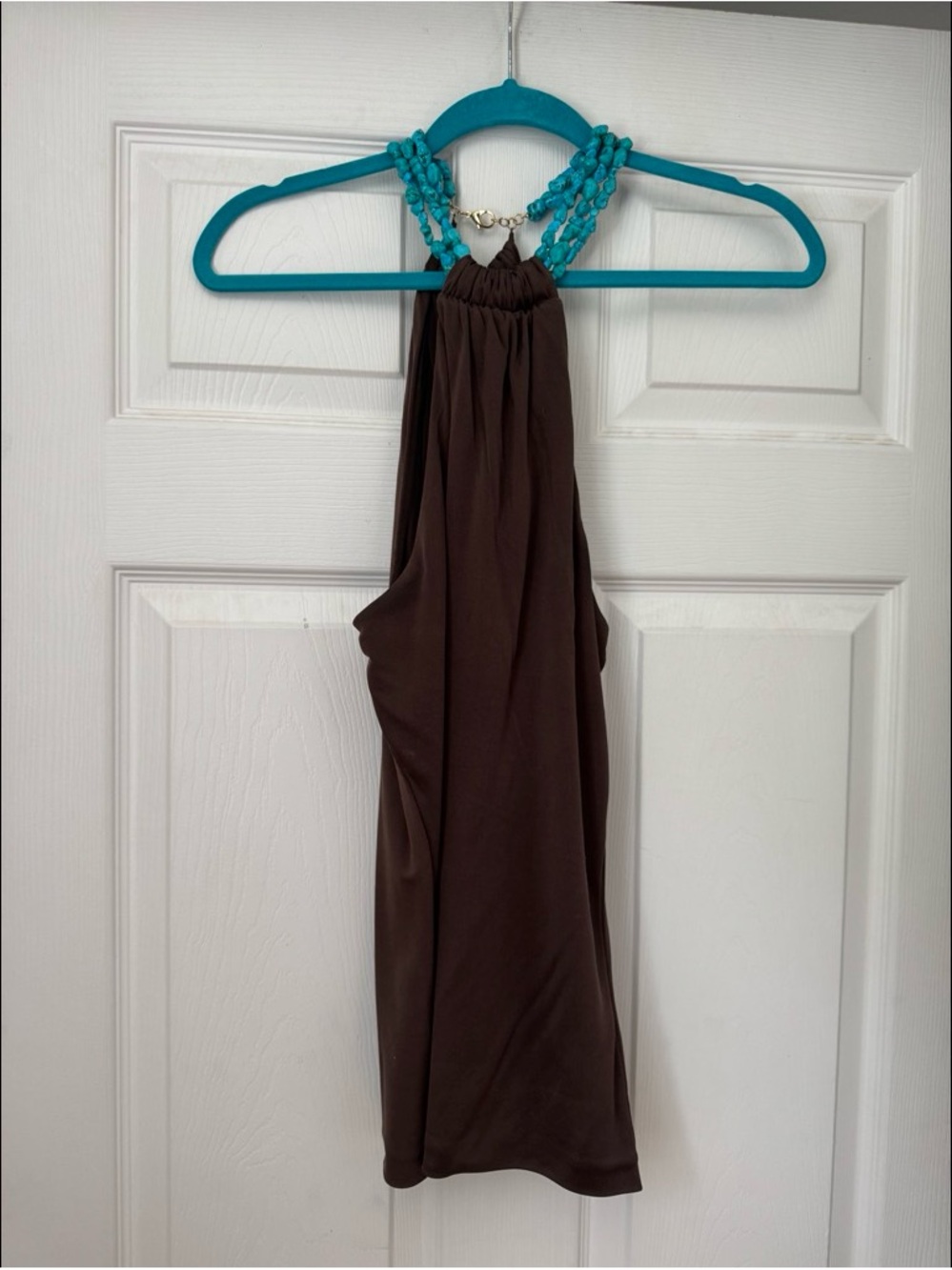 Anne Klein Brown Halter Top with Beaded Turquoise Neck